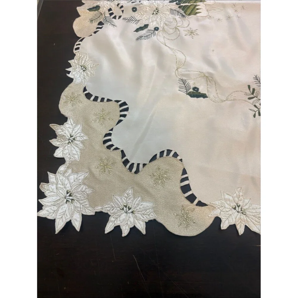 Embroidered Ivory and Green Christmas Candle Tablecloth